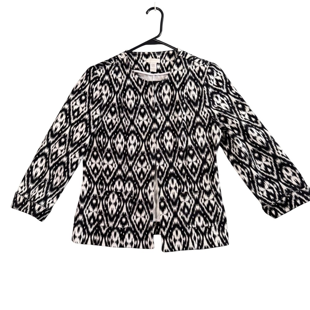 Chico's Ikat Jacket Black White Geometric Open Front Blazer Minimalist 00